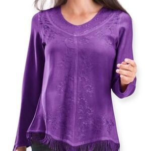 Dark Purple V Neck Embroidery Long Sleeve Tassel Trim Elegant Blouse NEW